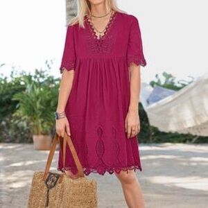 Sundance Maroon Eyelet Lace Short Sleeve Boho Cottagecore Mini Dress Size XS